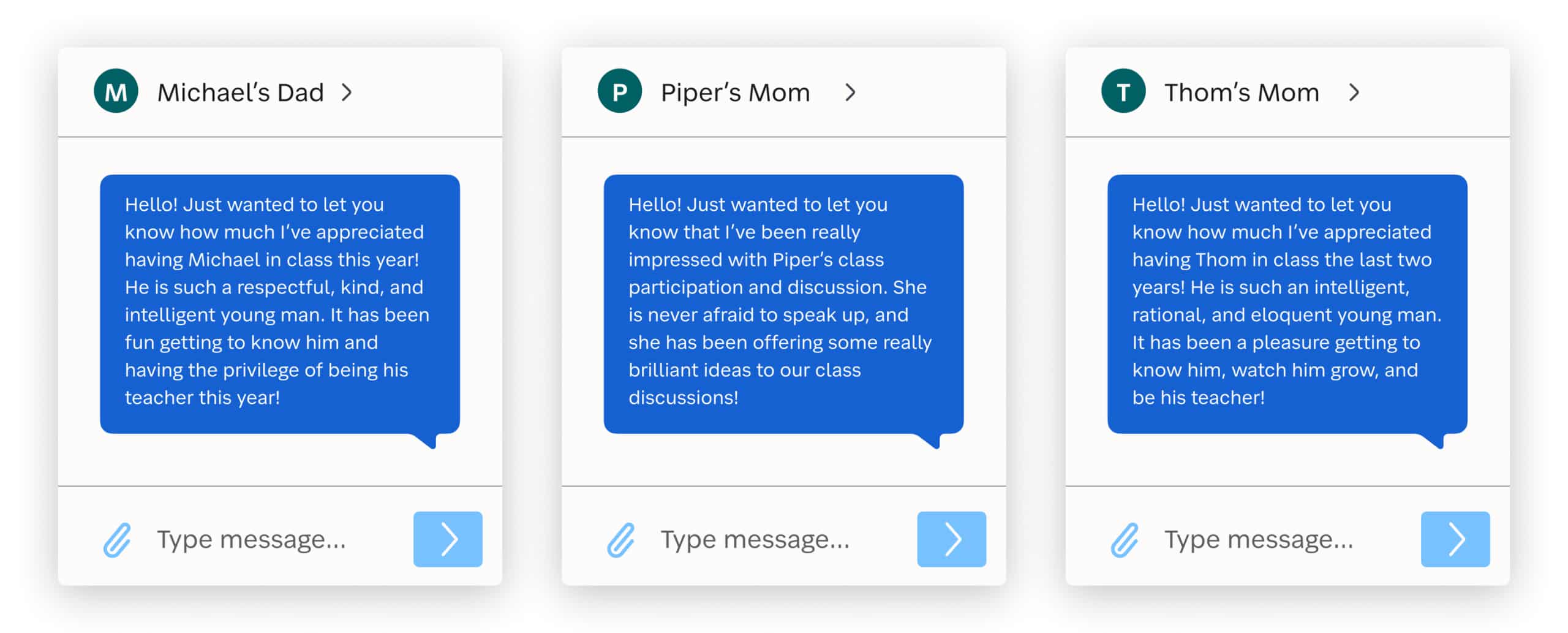 Teachers compliment students to Families in text message.