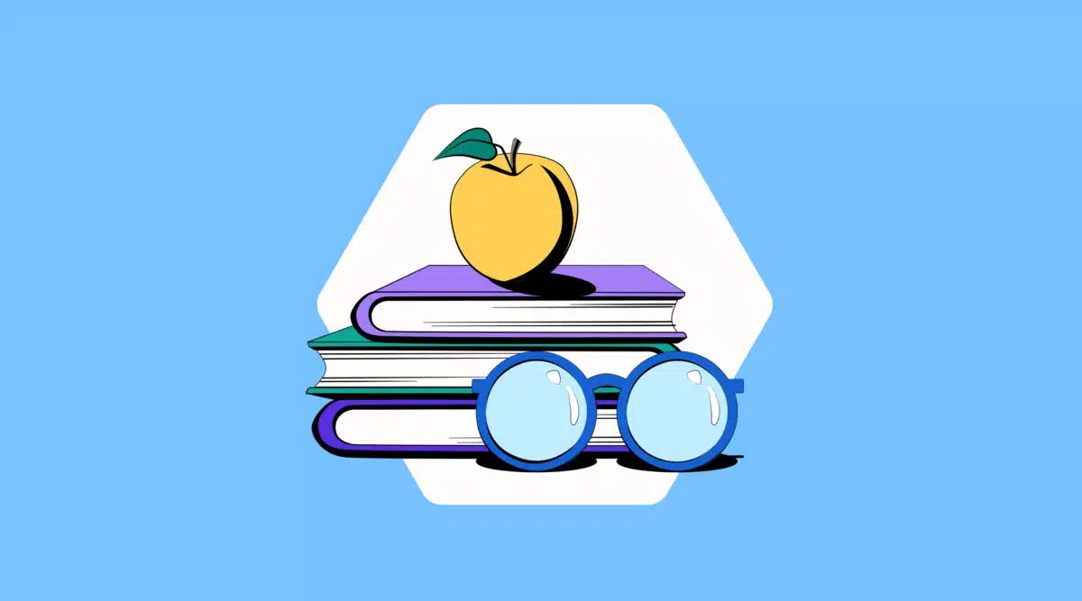 Graphic of an apple on a stack of books with glasses next to them