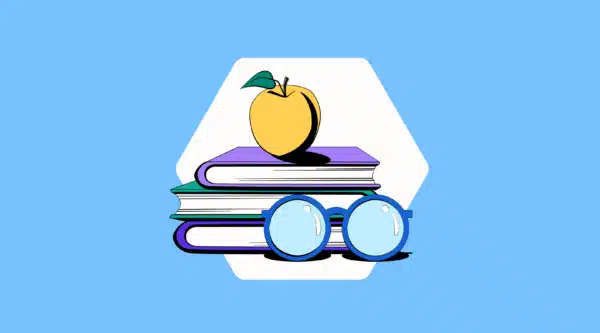 Graphic of an apple on a stack of books with glasses next to them