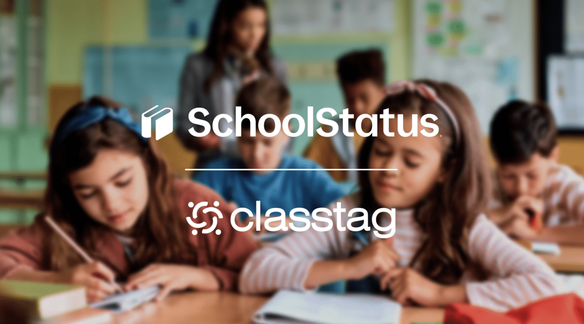 logos over two young female students in classroom
