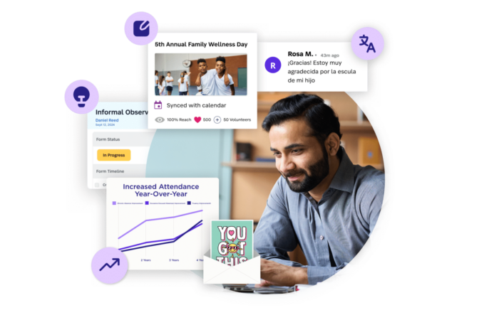 Educator analyzing data with tools for attendance tracking, event communication, multilingual messaging, and professional development.