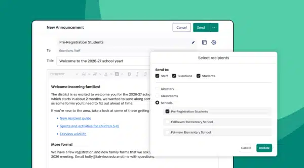 Example of email announcement and selected recipients in SchoolStatus Connect.